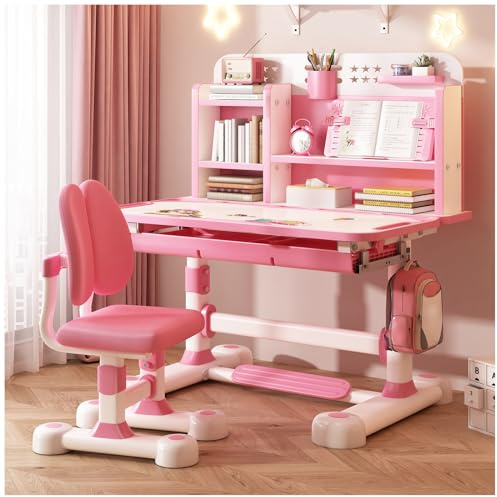 Höhenverstellbarer Kinderschreibtisch mit Stuhl Set - Ergonomischer Schreibtisch für Kinder ab 6 Jahren, Schreibtisch mit Stuhl für Jungs & Mädchen, verstellbarem Fußbrett & Bücherstände (Rosa)