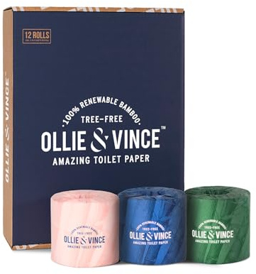 Ollie & Vince Bamboo Toilet Paper | Sustainable, Eco-Friendly, Plastic-Free & Tree-Free, Organic | 12 Rolls, 3-Ply, Soft, Strong & Septic Safe, Unscented | Premium Bathroom Tissue