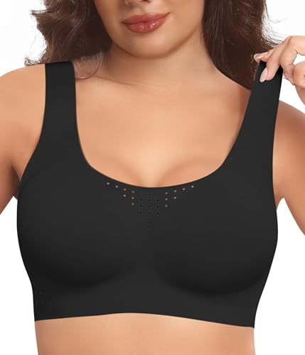 Easybunny Womens Minimizer Bras for Women Full Coverage Wireless Plus Size Supportive Wide Strap Tshirt Seamless Bra Bralette Black XL