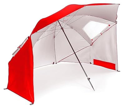 240cm Sombrilla de Playa con Toldo Lateral y Salida de Aire, Protección UV, Parasol de Jardín para Camping, Vacaciones, Césped(Rouge)