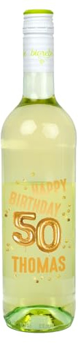 Herz & Heim® Personalisierter Geburtstagswein mit Name & Alter – Weißwein, Rosé oder Rotwein – Geschenkidee zum Geburtstag mit goldenem Ballon-Dekor (50. Geburtstag, Weißwein)