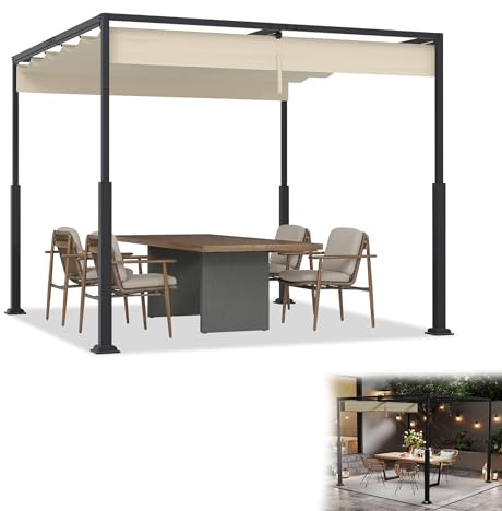 YRHome 3x3M Pergola mit Schiebedac Gartenpavillon aus Stahl & Polyester Wasserdicht & Winterfest Freistehendes Terrassendach mit robusten Metallsäulen Sonnenschutz für Terrasse & Garten Beige
