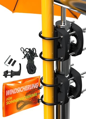 4happy 2 x Sonnenschirmhalter Balkongeländer + Windsicherung, Schwarz | Sonnenschirm Balkon Halterung mit Windsicherung - Schirmhalterung Balkongeländer als balkonhalterung für sonnenschirme