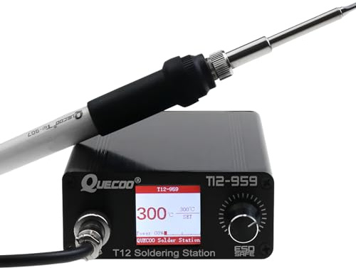 Stazione di saldatura T12-959 V5.1 Saldatore Elettronico OLED display digitale più grande e punta ferro manico 907 a 5 pin (QUECOO T12-959 Kit I)