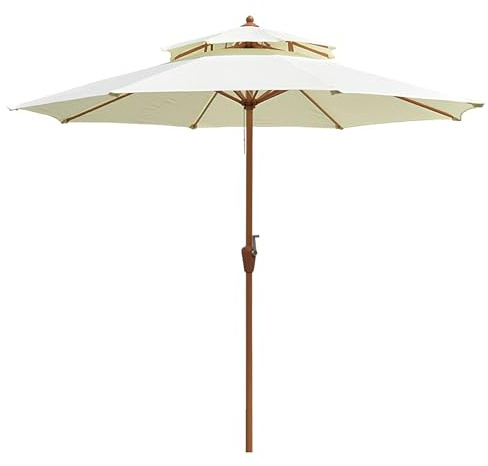 Parasol d'extérieur de 2,7 m avec manivelle, parasol de marché double face pour plage, balcon, terrasse, protection UV, imperméable, élégant (blanc)