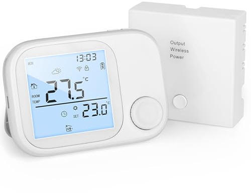 Termostato Calefaccion WiFi con RF Receptor, Termostato Inteligente pilas para caldera de gas,compatible con Alexa y Google, Temporizador Semanal, Función de Memoria, Control por Botones