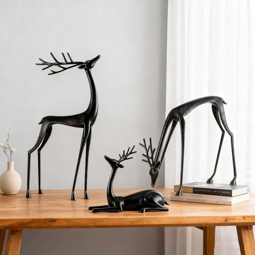 Generisch 3 figuras de reno negro sobre patas largas, adornos navideños de reno negro mate, figura moderna de ciervo, escultura alta, decoración de mesa, chimenea, decoración del hogar
