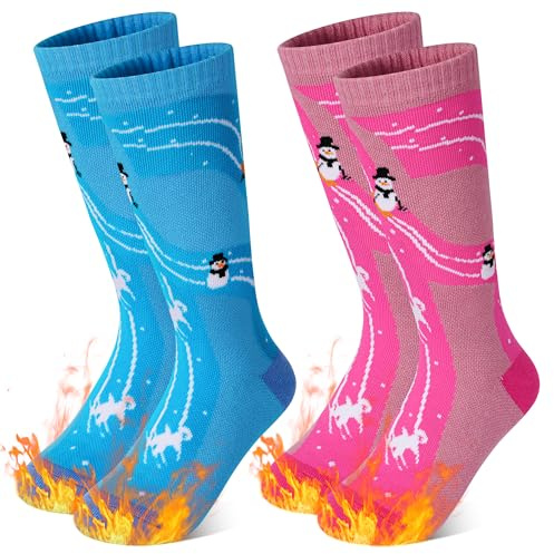 GRPSKCOS Calcetines de esquí de lana merino para niños, 2 pares de calcetines térmicos gruesos y cálidos para esquí, patinaje, snowboard, senderismo, 3-12 años, 01 rosa y azul, 7-12 Years