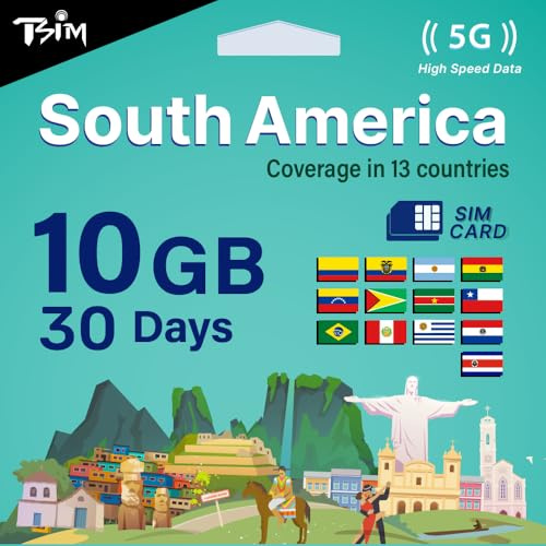 TSIM Scheda SIM Sud America 30 Day-10GB | Rete multi-operatore 5G/4G (Hotspot consentito) | Uso in Brasile, Cile, Colombia, Argentina, Bolivia, Ecuador e altro | Attivazione automatica.