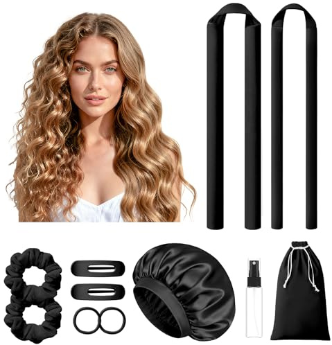 LitBear Lockenwickler Locken Ohne Hitze – 2 Größen Heatless Curls mit Schlafhaube, Lockenwickler über Nacht mit Scrunchies und Haarclips, Rutschfeste Hair Curler für langes, mittellanges (Schwarz)