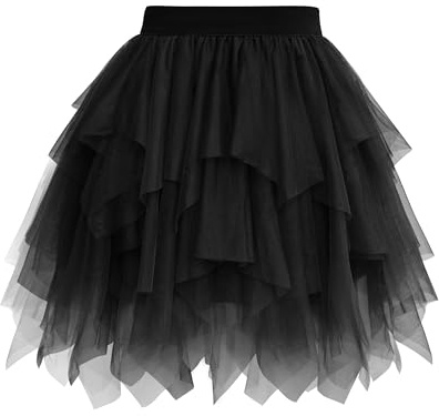 Wikoan Gonna in Tulle Gonna Asimmetrica in Rete Sottoveste in Multistrato Gonna in Tulle Foderata,Nero,S-M
