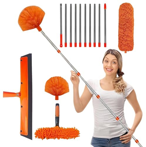 Plumeau Telescopique 4m, Tete De Loup Telescopique avec Extension RéGlable 1.5-6m, Balai AraignéE Tete De Loup Telescopique, Raclette De FenêTre, TêTe De Plumeau en Chenille pour Plafonds (Orange)