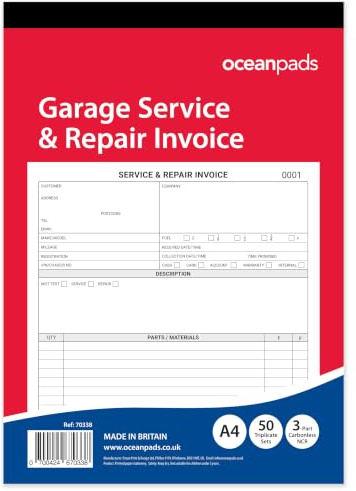 Garage Service & Repair Invoice Book A4 | 3-Part NCR Triplicate | 50 Sets | Workshop Job Card for Garages & Mechanics – Ocean Pads (70338) | Professional garage invoice book with job details, parts, labour and customer records