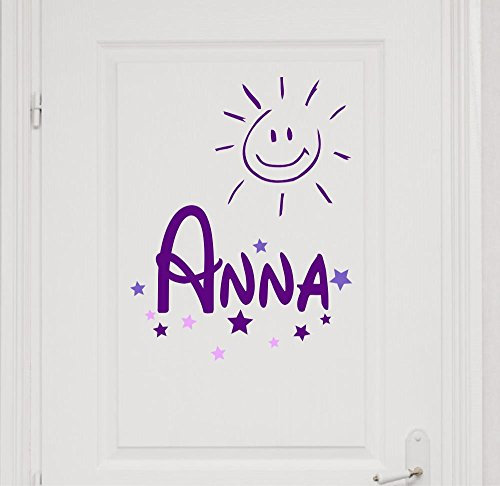 Türaufkleber mit Wunschnamen, 73040-29cm-tricolore-violett, mit bunten Sternen und Sonne fürs Mädchenzimmer, Kinderzimmer Mädchen, Wandtattoo mit Namen