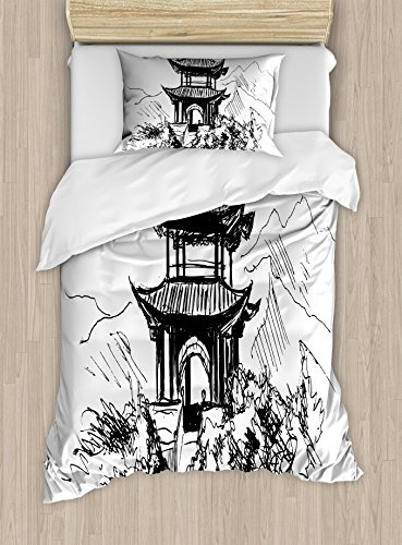 Ambesonne Vintage China Duvet Cover Set, Hand Drawn Black and White Sketching of a Chinese Pavilion with Landscape, Decorative 2 Piece Bedding Set with 1 Pillow Sham, Twin Size, Black White