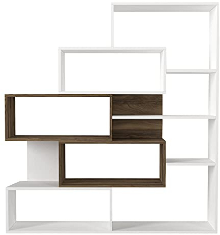 moebel17 Marla Bücherregal Weiß Walnuss, Regal Wandregal in Holz Optik, Standregal Aktenregal Aufbewahrung für Wohnzimmer, viel Stauraum, 151 x 139 x 25 cm, 0776
