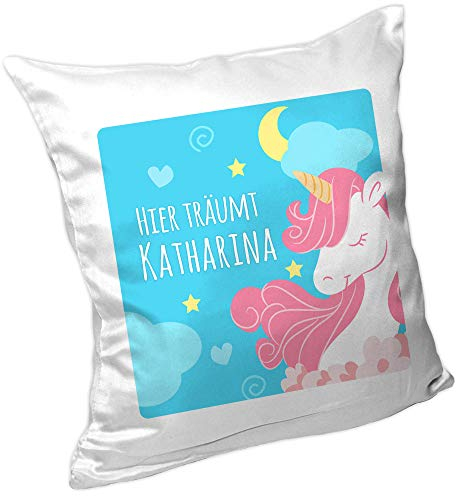 Eurofoto Einhorn-Kissen mit Namen Katharina und Text - Hier träumt Katharina - für Mädchen | Namenskissen personalisiert | Kuschelkissen | Gute-Nacht-Kissen