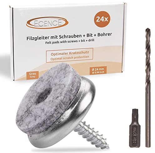 ECENCE Filzgleiter mit Torx- Schrauben 24mm/0.94inch, 24 Stück Möbelgleiter + Torxbit + Bohrer, hochwertig & langlebig, Stuhlbeinschoner ideal für Möbel, Stühle und Tische