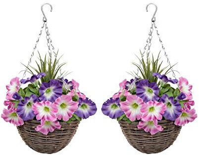 GreenBrokers Hanging Baskets 2X Artificial Round Rattan Pink & Purple Petunias and Decorative Grasses (Set of 2)
