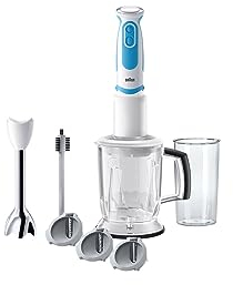 Braun Stabmixer MQ 5260WHBL Stabmixer – MultiQuick 5 Vario Pürierstab mit Edelstahl Mixfuß und Spiralschneider, 1000 Watt, inkl. umfangreiches Zubehör-Set, weiß/blau