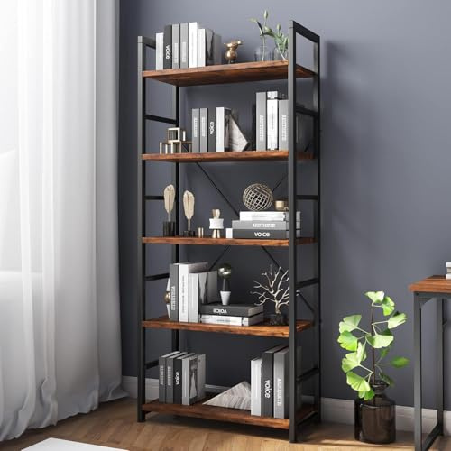 VERMESS Industrial Bookshelf, 5-Tier 24.8 Rustic Brown Shelving Unit Wood Bookcase with Open Shelves, Rustic Standing Bookshelves Metal Frame Display Rack for Living Room,Bedroom, Vintage