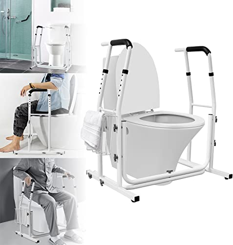 LARS360 Mobile WC-Aufstehhilfe inkl. Ablagekorb, Höhenverstellbar Stützhilfe, Toiletten Stützgestell Haltegriff für Bad, Belastbar bis 200kg