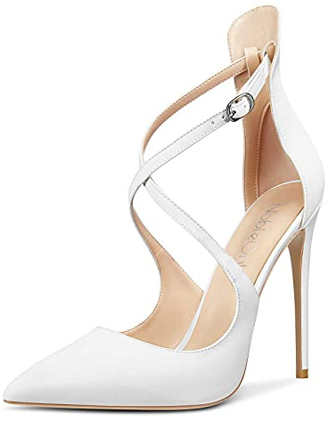 NobleOnly Scarpe col Tacco Donna Cinturino alla Caviglia Fibbia Tacco a Spillo 12CM High Heels Bianco Raso Scarpe EU36.5