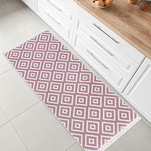 Fashion4Home Tappeto a pelo corto, boho Kelim, per soggiorno, camera da letto e cucina, tappeto per corridoio, camera dei bambini, tappeto Trio rosa antico, bianco, saluti: 60 x 180 cm