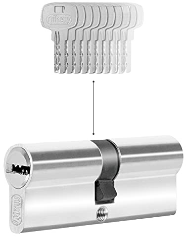 GERCAR 1x Cylindre de serrure/barillet de porte d'entree/interieure 60 mm - serrure de porte 30/30 mm - En laiton nickelé - Avec 5 clés - Longueur : 60 mm, A: 30 B : 30