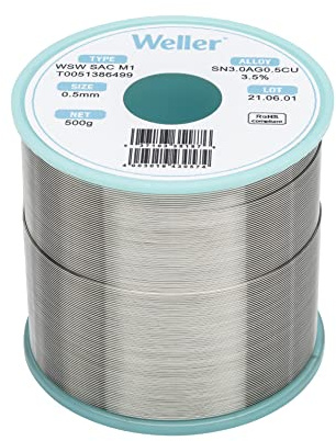 Weller WSW SAC M1 (T0051388299) Solder Wire, Dia: 0.5 mm / 0.020 in, Wt: 100 g / 3.527 oz, Alloy Sn96.5Ag3.0Cu0.5, Flux content 3.5%
