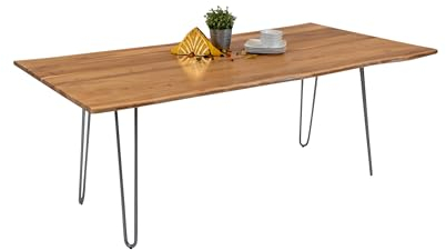 SAM Esszimmertisch 220x100cm Hannah, echte Baumkante, Akazienholz naturfarben, massiver Baumkantentisch mit Hairpin-Gestell Silber