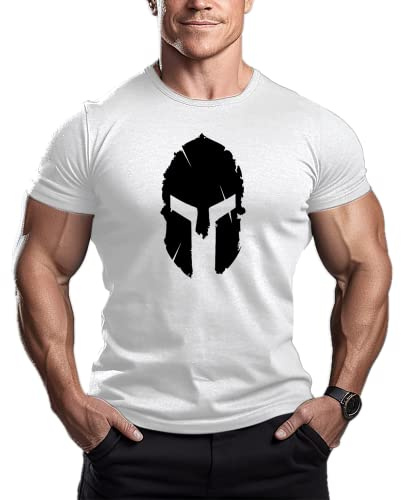ReedCA Spartan Helmet - Mens Bodybuilding T-Shirt - Gym Training Top Fitness(White,XL)