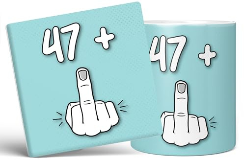 Mug Monster - Taza de 48 cumpleaños, I Am 47 + 1, regalo para 48 años, taza de café de cerámica, regalo para hombres o mujeres, taza extra grande y gigante disponible, taza blanca de 11 oz y posavasos