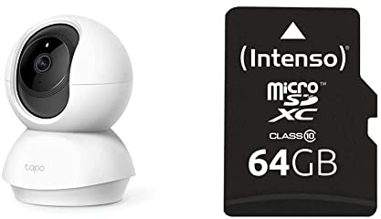 Tapo TP-Link C200 360°-WLAN-Überwachungskamera für den Innenbereich, FHD 1080P, Nachtsicht & Intenso microSDXC 64GB Class 10 Speicherkarte inkl. SD-Adapter, schwarz