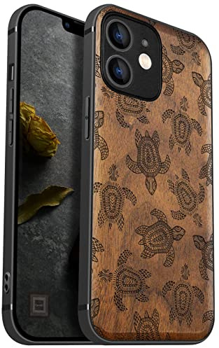 Carveit Handyhülle für iPhone 12 Mini Holz Cover kompatibel MagSafe mit Apple & QI drahtlosen magnetischen Ladegeräten Massivholz Kompatibel mit 12 Mini hulle（Nussbaum-Sami Art of Turtles）
