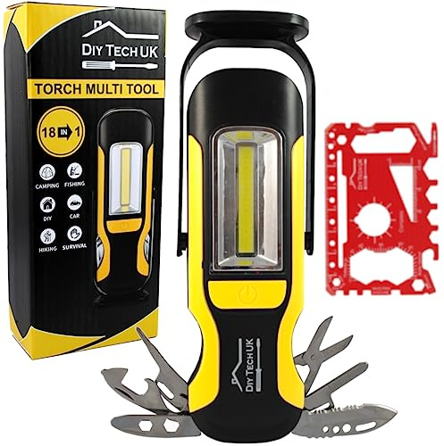 DIY TECH UK - 18 in 1 Torch Multi Tool Gifts for Men - 300 Meter Beam | Free 48 in 1 Credit Card Gadget - Gift for Him Husband - Ideas Father s Day Her Adult Camping DIY - Yellow