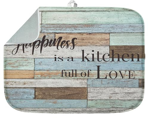 Sanwarm Absorbent Dish Drying Mat, Happiness Is A Kitchen Full of Love Microfiber Pad for Kitchen Counter, Coffee Bar Decor, Heat Resistant and Reversible, 16 x 18