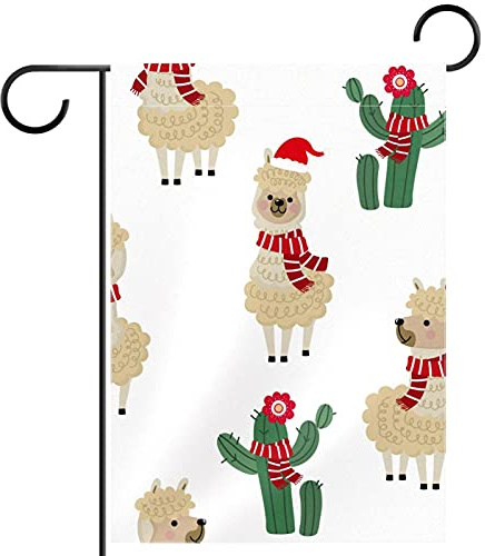 Bandera de jardín vertical de doble cara con diseño de cactus de alpaca de Navidad, decoración para exteriores