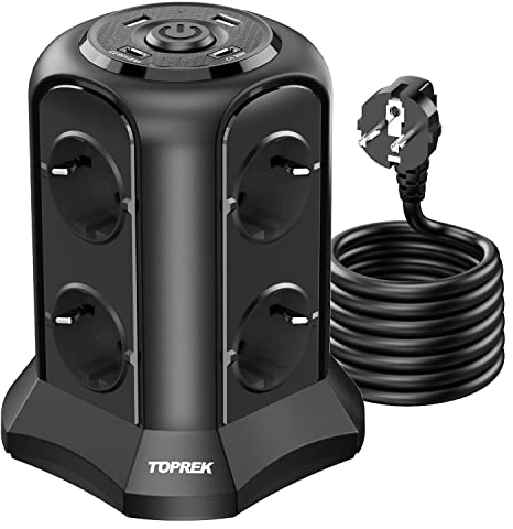 TOPREK Torre Regletas Enchufes 4000W/16A, 8 Enchufes Schuko y 2 USB A y 2 USB C (USB C1 20W PD3.0 Carga Rapida), con Interruptor, Cable 2M, Proteccion Sobretension, Negro