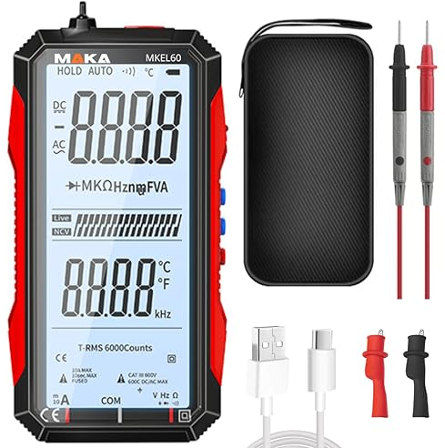 MAKA Digitales Multimeter 6000counts - USB-C aufladbar - True RMS - Miss Spannung, Strom, Kapazität, Kontinuität, Widerstand, Frequenz, NCV und Temperatur - Cat III 600V