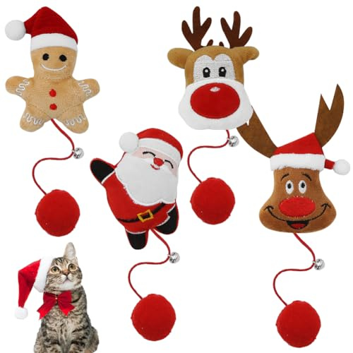 Katzenspielzeug Weihnachten,Interactive Cat Toy mit Glocke 4Stück,Weihnachten Weihnachtsmann Kitten Plüsch Katzenminze Spielzeug Für Indoor Cats Katzen Spiel