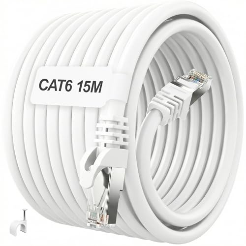 ikbc Cable Ethernet 15 metros, Cat 6 Cable de Red 15m FTP Blindado Gigabit | Cable Internet Alta Velocidad, 23AWG Cable RJ45 15 metros, Cable LAN Blanco, para Rúter PS5/4 Módem, incluye 15 Clips