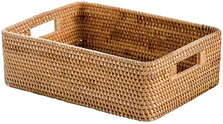 Pcscevcr Canastas de almacenamiento de ratán, cesta de mimbre apilable con asas, contenedor organizador de estantes, para sala de estar, baño, cocina, estantes (33 x 23 x 11 cm)