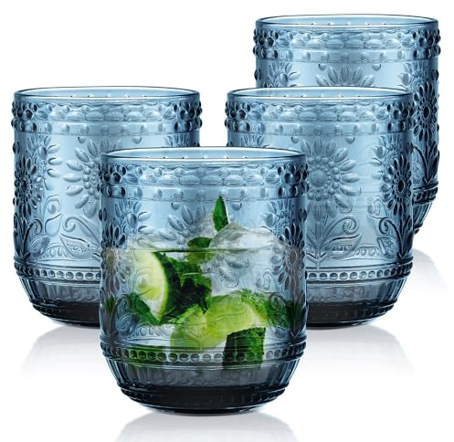 Joeyan Bicchiere Acqua Vetro Colorati, Set di 4, Blu Bicchieri Impilabili da 360 ml Bicchiere con Fiore Moderni in Rilievo, per Succhi, Birra, Cocktail, Limonata, Succo Lavabile in Lavastoviglie