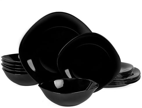 LaGlint Vetro Opalino Servizio da Piatti Set 18 Pezzi, Quadrati Nero Servizio da Tavola con 6 Piatti Piani, 6 Piatti da Dessert, 6 Ciotole Cereali, Lavabile in Lavastoviglie, Adatto per Microonde