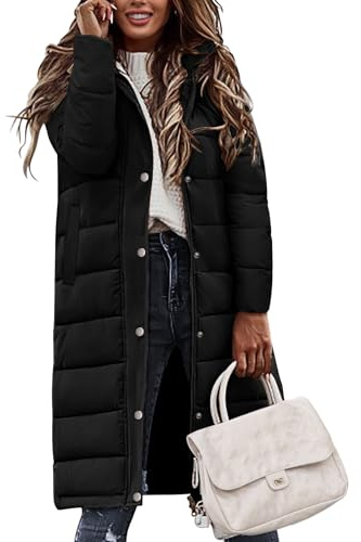 Tuopuda Larga Acolchado Abrigo para Mujer Chaqueta con Capucha Abrigo Largo Ligero y Resistente al Viento con Cremallera y Bolsillos(Negro,XL)