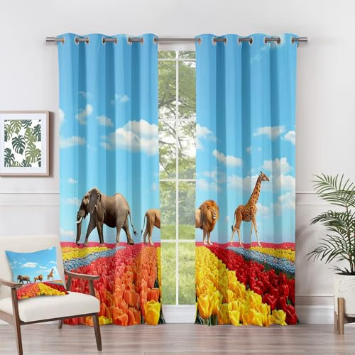 Generisch Vorhänge Safari - Blumen Bunt Wilde Tiere Fenster Gardinen mit Ösen, Vorhang Blickdicht Verdunklungsvorhänge Thermovorhang für Wohnzimmer Schlafzimmer Deko 2er Set, H 220 x B 140 cm F#-85