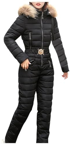 Tuta da sci da donna, un pezzo: tuta da neve da donna, per sport all'aria aperta, tuta da sci, antivento, tuta da sci con cappuccio, giacca invernale calda, Nero , XL