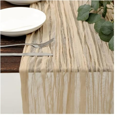 OZLCUA Runner da tavola in Garza 6pcs Semi-Sheer Pink Gauze Table Runner Wedding Cheesecloth Table Setting Dining Vintage Party Christmas Banquets Arches Decor Lavabile Tablerunner(Beige)