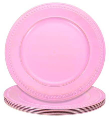 sourcing map 6pcs Vintage Charger Plates Bulk, 13 Inch Plastic Beaded Chargers for Dinner Plates Set Round Plate Charger for Wedding Party Event Table Setting Decoration, Pink